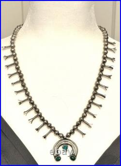 Vtg Navajo Squash Blossom Necklace Sterling Silver Turquoise Naja 1940-1960s 24