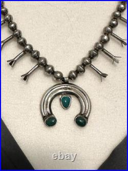Vtg Navajo Squash Blossom Necklace Sterling Silver Turquoise Naja 1940-1960s 24