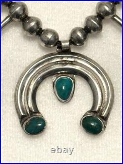 Vtg Navajo Squash Blossom Necklace Sterling Silver Turquoise Naja 1940-1960s 24