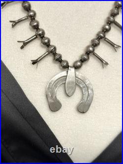 Vtg Navajo Squash Blossom Necklace Sterling Silver Turquoise Naja 1940-1960s 24