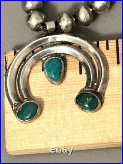 Vtg Navajo Squash Blossom Necklace Sterling Silver Turquoise Naja 1940-1960s 24