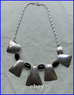 Vtg Navajo Sterling Silver & Black Onyx Modernist 18Bib Neclace 64g
