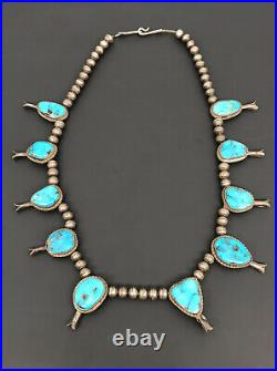 Vtg Navajo Sterling Silver Blue Gem Bisbee Turquoise Squash Blossom Necklace 22