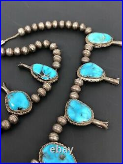Vtg Navajo Sterling Silver Blue Gem Bisbee Turquoise Squash Blossom Necklace 22