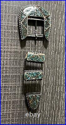 Vtg Navajo Sterling Silver Blue Turquoise Ranger 4 Pc Belt Buckle Set