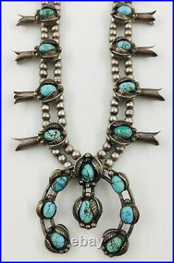 Vtg Navajo Sterling Silver Carico Lake Turquoise Squash Blossom Necklace 27