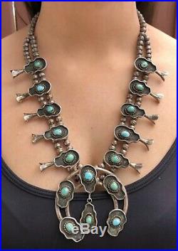 Vtg Navajo Sterling Silver Kingman Turquoise Shadow Box Squash Blossom Necklace