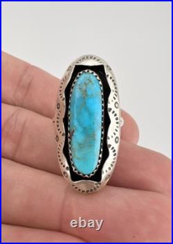 Vtg Navajo Sterling Silver Kingman Turquoise Stamped Shadowbox Women's Ring