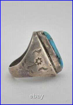 Vtg Navajo Sterling Silver Natural Blue Gem Turquoise Stamped Men's Ring 18.8g