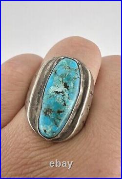 Vtg Navajo Sterling Silver Natural Blue Gem Turquoise Stamped Men's Ring 18.8g