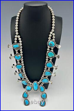 Vtg Navajo Sterling Silver Nevada Blue Turquoise Squash Blossom Necklace 25.5