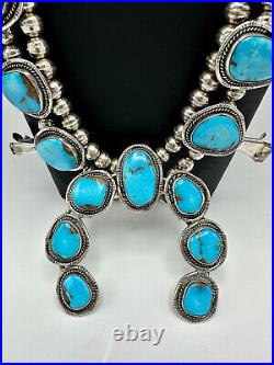 Vtg Navajo Sterling Silver Nevada Blue Turquoise Squash Blossom Necklace 25.5