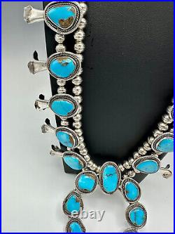 Vtg Navajo Sterling Silver Nevada Blue Turquoise Squash Blossom Necklace 25.5