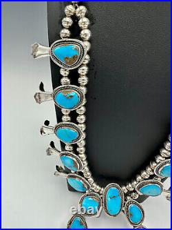 Vtg Navajo Sterling Silver Nevada Blue Turquoise Squash Blossom Necklace 25.5
