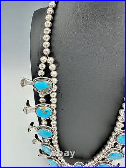 Vtg Navajo Sterling Silver Nevada Blue Turquoise Squash Blossom Necklace 25.5