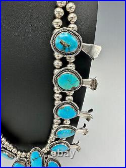 Vtg Navajo Sterling Silver Nevada Blue Turquoise Squash Blossom Necklace 25.5