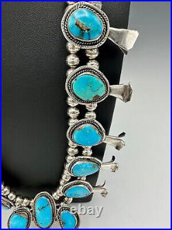 Vtg Navajo Sterling Silver Nevada Blue Turquoise Squash Blossom Necklace 25.5