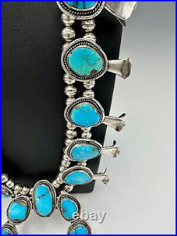 Vtg Navajo Sterling Silver Nevada Blue Turquoise Squash Blossom Necklace 25.5