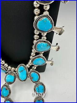 Vtg Navajo Sterling Silver Nevada Blue Turquoise Squash Blossom Necklace 25.5