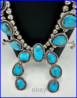 Vtg Navajo Sterling Silver Nevada Blue Turquoise Squash Blossom Necklace 25.5