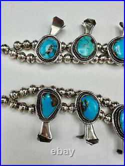 Vtg Navajo Sterling Silver Nevada Blue Turquoise Squash Blossom Necklace 25.5