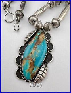 Vtg Navajo Sterling Silver Royston Turquoise Bench Bead Pendant Necklace 17