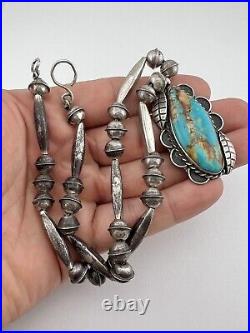 Vtg Navajo Sterling Silver Royston Turquoise Bench Bead Pendant Necklace 17