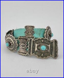 Vtg Navajo Sterling Silver Turquoise Stamped Oval Concho Link Leather Bracelet