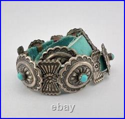 Vtg Navajo Sterling Silver Turquoise Stamped Oval Concho Link Leather Bracelet