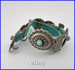 Vtg Navajo Sterling Silver Turquoise Stamped Oval Concho Link Leather Bracelet