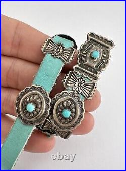 Vtg Navajo Sterling Silver Turquoise Stamped Oval Concho Link Leather Bracelet