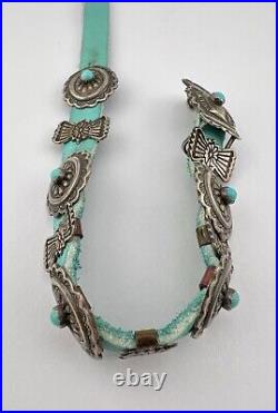 Vtg Navajo Sterling Silver Turquoise Stamped Oval Concho Link Leather Bracelet