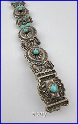 Vtg Navajo Sterling Silver Turquoise Stamped Oval Concho Link Leather Bracelet