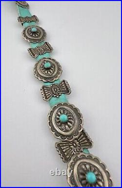 Vtg Navajo Sterling Silver Turquoise Stamped Oval Concho Link Leather Bracelet