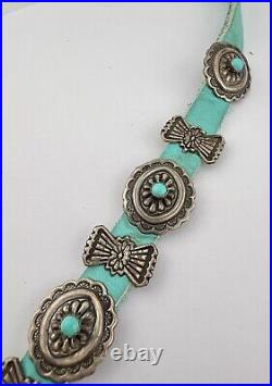 Vtg Navajo Sterling Silver Turquoise Stamped Oval Concho Link Leather Bracelet