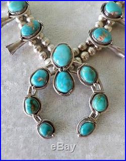 Vtg Navajo squash blossom turquoise necklace sterling silver 2 strand 188 gr 26