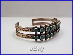 Vtg Old Native American Zuni Sterling Silver Double Row Turquoise Cuff Bracelet