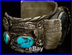 Vtg Old PAWN Navajo Sterling Mens Melvin Thompson HEAVY Turquoise Watch Bracelet