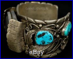 Vtg Old PAWN Navajo Sterling Mens Melvin Thompson HEAVY Turquoise Watch Bracelet