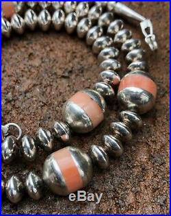 Vtg Old PAWN Navajo Sterling Silver & Coral Inlay Pearl Bench Bead Necklace 22