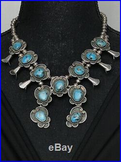 Vtg Old Pawn Navajo Squash Blossom Sterling Silver Turquoise Necklace 75g