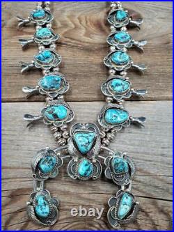 Vtg Old Pawn Navajo Sterling Genuine Morenci Turquoise Squash Blossom Necklace