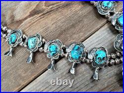 Vtg Old Pawn Navajo Sterling Genuine Morenci Turquoise Squash Blossom Necklace