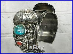 Vtg Old Pawn Navajo Sterling Silver Turquoise Coral Watch Cuff Bracelet Signed