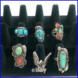 Vtg Old Pawn Navajo Turquoise Coral Sterling Silver Ring Lot 62gr SIGNED