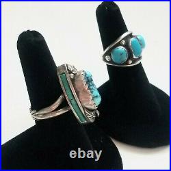 Vtg Old Pawn Navajo Turquoise Coral Sterling Silver Ring Lot 62gr SIGNED