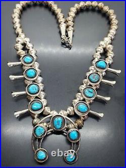 Vtg SQUASH BLOSSOM Turquoise Sterling Silver Native American Necklace