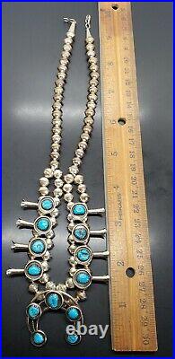 Vtg SQUASH BLOSSOM Turquoise Sterling Silver Native American Necklace