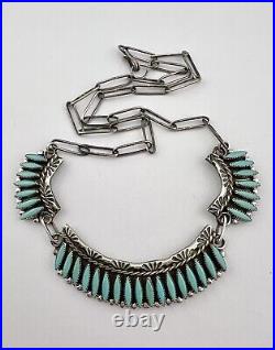 Vtg Smokey Zuni Sterling Silver Turquoise Needlepoint Collar Necklace