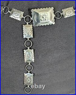Vtg. Solid Sterling Silver Native American Navajo Stamped Concho Belt Necklace